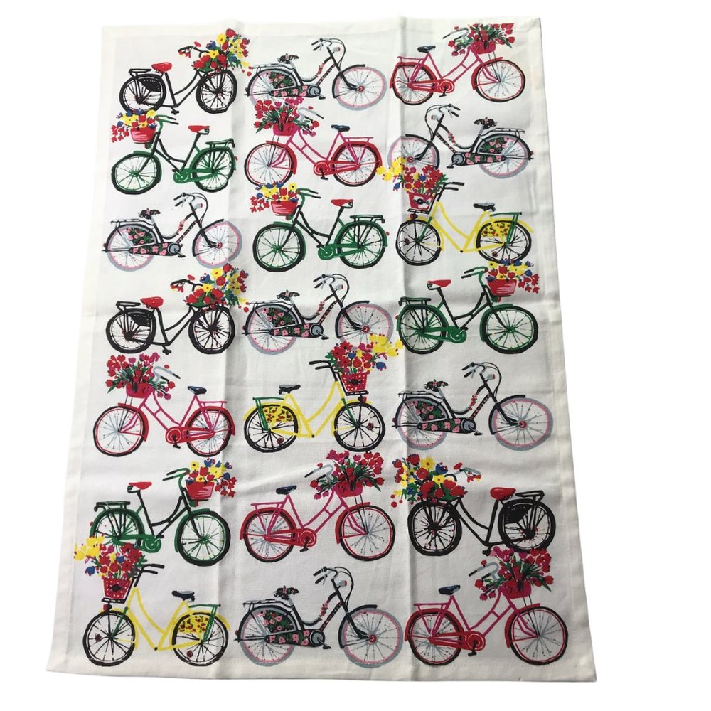 Tea Towel, Dish Towel - White with Bicycles, Red, Yellow, Floral by TAG ltd
